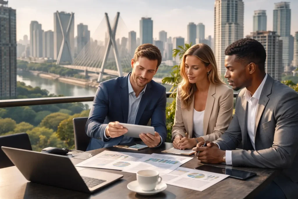 Three professionals discussing market entry strategy in Brazil, reviewing documents and laptops with São Paulo skyline in background